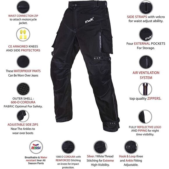 HWK Motorcycle Pants for Men & Women with Cordura Fabric, 34W x 32L - Black - Picture 2 of 4